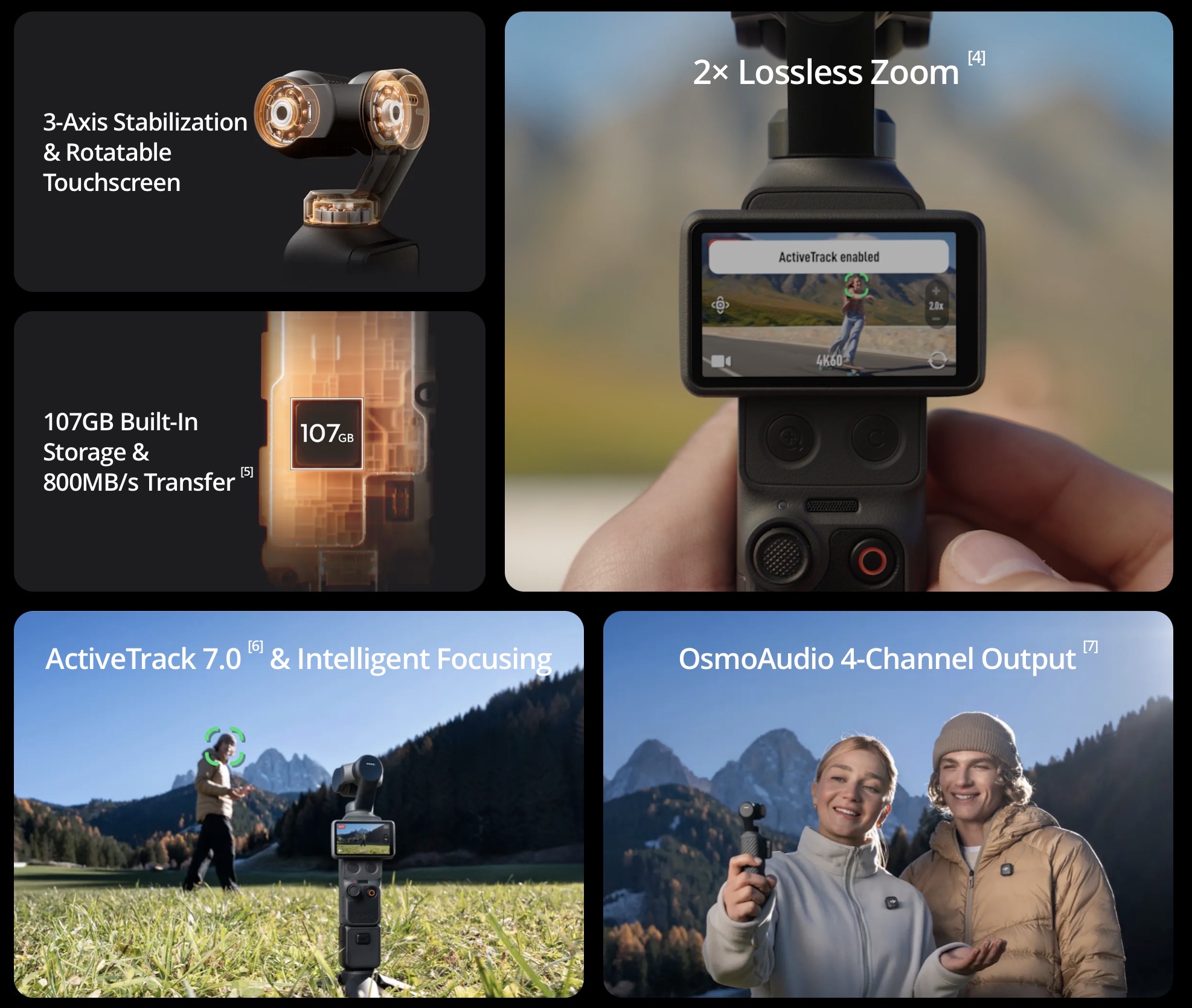 DJI Osmo Pocket 3 features - 3-Axis Stabilization, 2x Lossless Zoom, 107GB Storage, ActiveTrack 7.0, OsmoAudio 4-Channel